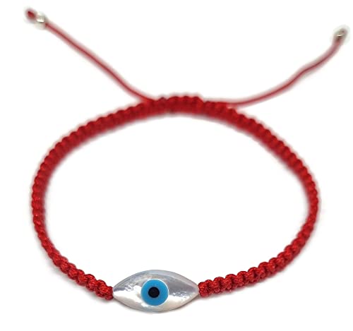 MYSTIC JEWELS By Dalia - Pulsera hilo de macrome Rojo con nácar y ojo turco, para buena suerte, protección Mal de Ojo, Good Luck (Ojo - Rojo)
