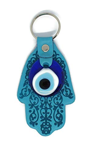 MYSTIC JEWELS by Dalia - Llavero Ojo Turco en Forma de Hamsa y en Cristal y Cuero - para buene Suerte y Mal de Ojo - Tamaño 12 X 5 cm (Turquesa)