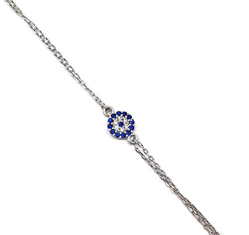 Mystic Jewels by Dalia - Pulsera de Pequeña Ojo Turco Motif circonitas - Double Cadena 16-18 cm Ajustable (Plata)