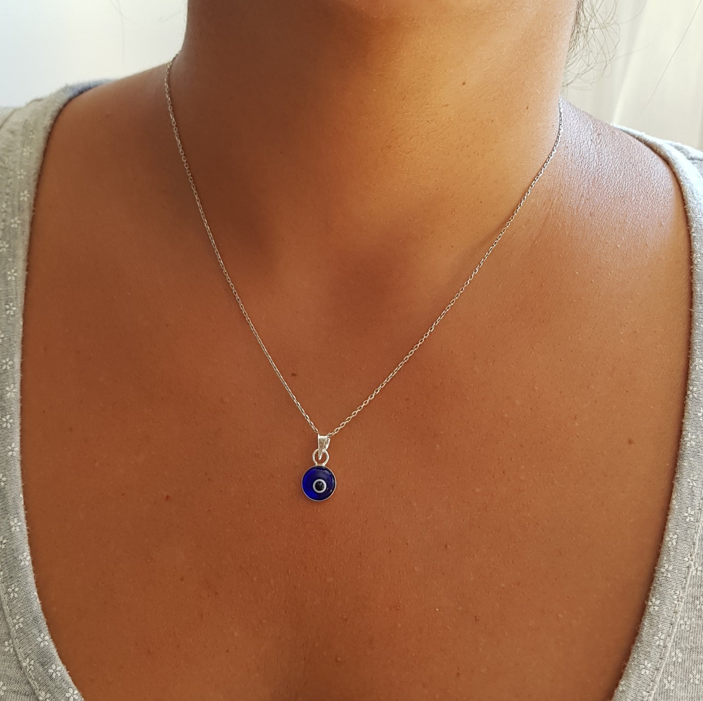 Collar Mal de Ojo de Cristal Azul para la Buena Suerte - Plata de Ley 925